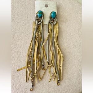 NWT FREE PEOPLE Long
Leather Fringe Rhinestone Metal Pierced
Earrings NEW as-is